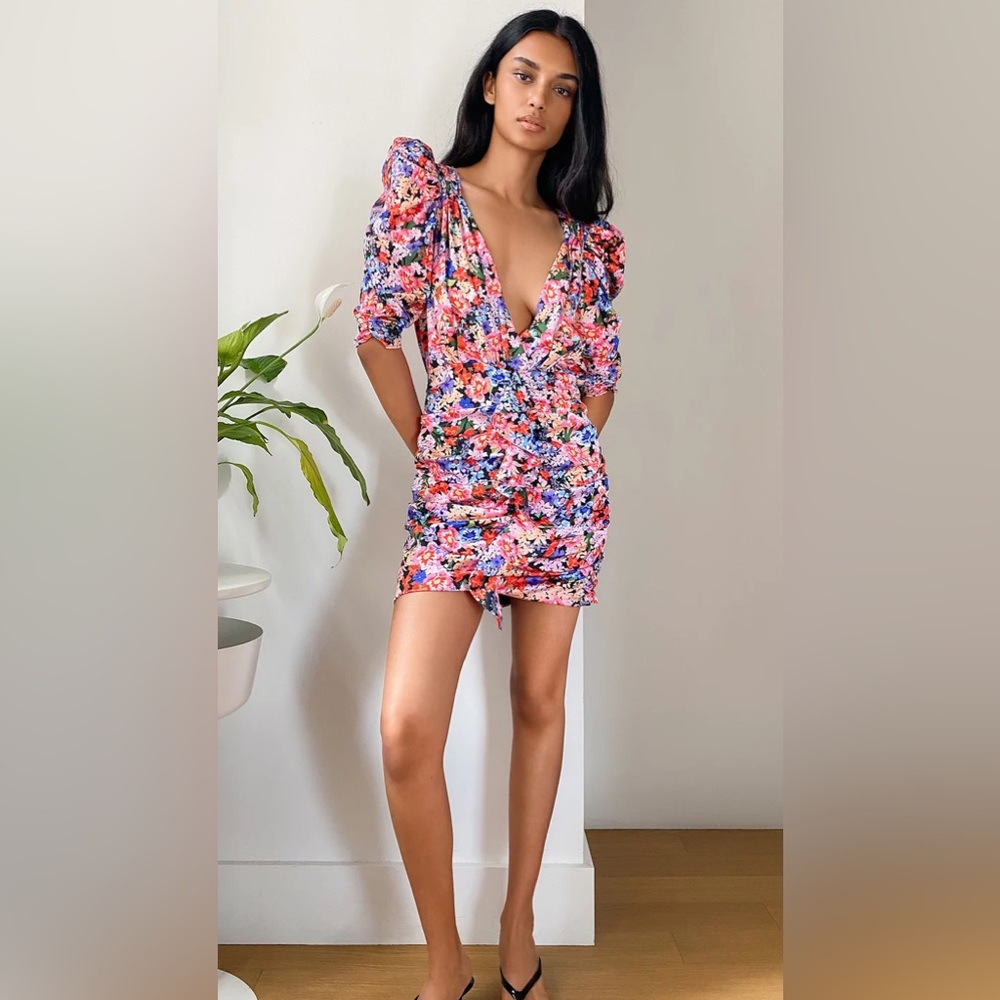 NWT FOR LOVE & LEMONS Bouquet Floral Puff-Sleeve Mini Dress Size XS